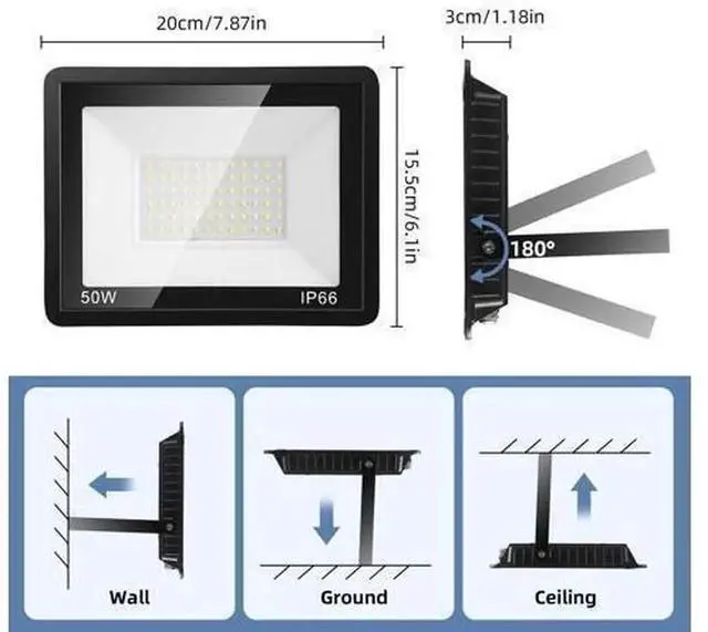 Alt view image 5 of 7 - 2 Pack 50W LED Outdoor Flood Lights, 7000LM Super Bright Work Lights, IP66 Waterproof, 6500K Daylight White, with On/Off Switch & 6.5FT Plug, for Yard, Garage, Garden, Stadium