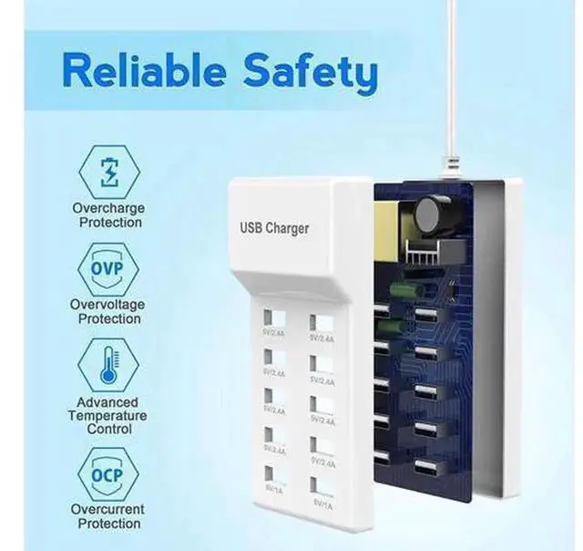 Alt view image 2 of 7 - 10-Port USB Charging Station, Multi Port USB Wall Charger with Auto Detect Rapid Charging Technology, Safe USB Charger Hub for Smartphones, Tablets, Laptops & Multiple Electronic Devices