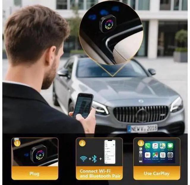 Alt view image 5 of 7 - Wireless CarPlay Adapter for iPhone, Convert Wired CarPlay to Wireless, Mini Compact USB & Type-C Connector, Plug and Play, Stable Low-Latency Connection, Black