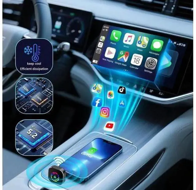 Alt view image 6 of 7 - Wireless CarPlay Adapter for iPhone, Convert Wired CarPlay to Wireless, Mini Compact USB & Type-C Connector, Plug and Play, Stable Low-Latency Connection, Black