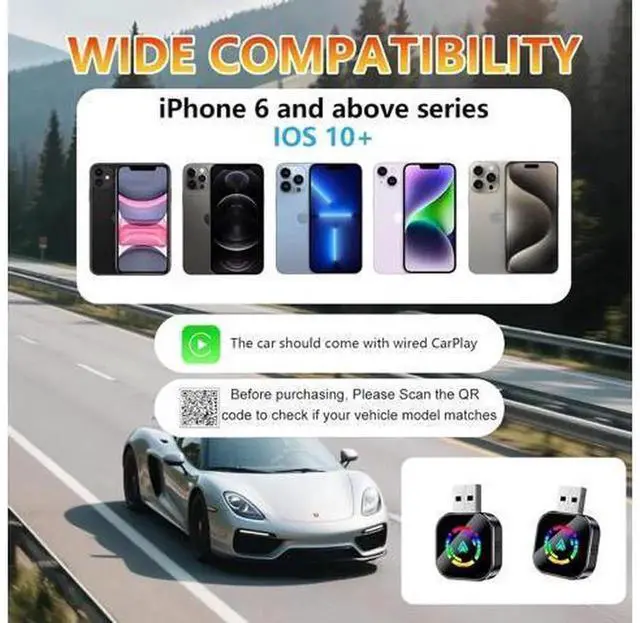Alt view image 3 of 7 - Wireless CarPlay Adapter for iPhone, Convert Wired CarPlay to Wireless, Mini Compact USB & Type-C Connector, Plug and Play, Stable Low-Latency Connection, Black