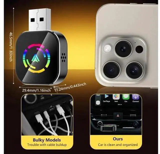 Alt view image 4 of 7 - Wireless CarPlay Adapter for iPhone, Convert Wired CarPlay to Wireless, Mini Compact USB & Type-C Connector, Plug and Play, Stable Low-Latency Connection, Black