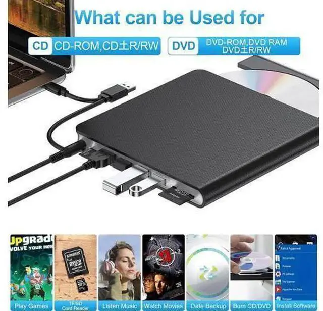 Alt view image 2 of 7 - 7 in 1 External CD DVD Drive, USB 3.0 & Type-C Portable CD DVD Burner with 4 USB Ports, TF & SD Card Slots, Slim External DVD Drive Compatible with Windows, Linux and MacOS Laptops