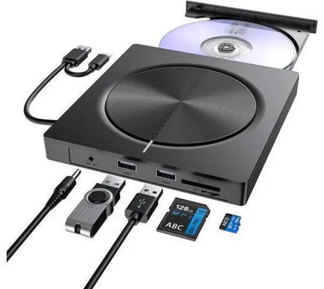 Main image of External CD DVD Drive, USB 3.0 & USB-C Portable CD DVD +/-RW Burner with 2 USB Ports and SD/TF Card Slots, Multifunctional Optical Drive Compatible with Windows, MacOS, Laptops and Desktops