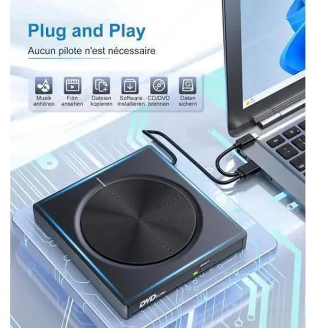 Alt view image 5 of 7 - External CD DVD Drive, USB 3.0 & USB-C Portable CD DVD +/-RW Burner with 2 USB Ports and SD/TF Card Slots, Multifunctional Optical Drive Compatible with Windows, MacOS, Laptops and Desktops