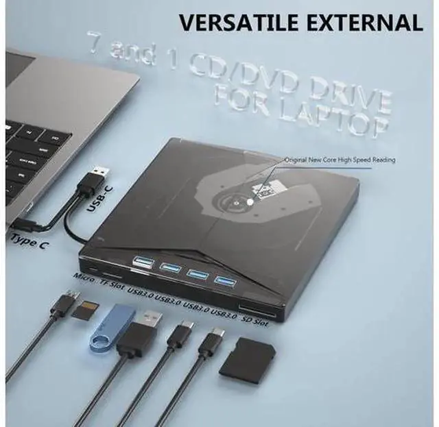 Alt view image 6 of 7 - 7-in-1 External CD DVD Drive, USB 3.0 Portable CD/DVD +/-RW Burner with 4 USB Ports & SD/TF Card Slots, Multifunctional Optical Drive Compatible with Windows 11/10/8/7, Linux, Mac OS, PC and La