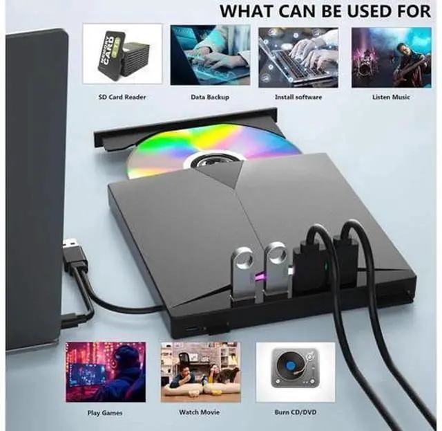 Alt view image 5 of 7 - 7-in-1 External CD DVD Drive, USB 3.0 Portable CD/DVD +/-RW Burner with 4 USB Ports & SD/TF Card Slots, Multifunctional Optical Drive Compatible with Windows 11/10/8/7, Linux, Mac OS, PC and La
