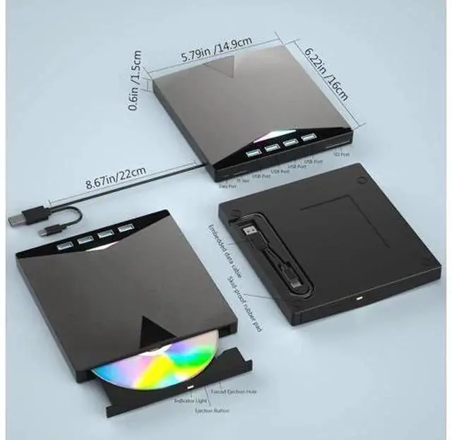 Alt view image 4 of 7 - 7-in-1 External CD DVD Drive, USB 3.0 Portable CD/DVD +/-RW Burner with 4 USB Ports & SD/TF Card Slots, Multifunctional Optical Drive Compatible with Windows 11/10/8/7, Linux, Mac OS, PC and La
