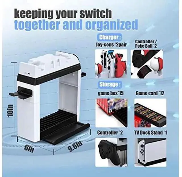 Alt view image 4 of 5 - Games Organizer Storage Rack & Charging Dock, Compatible with Nintendo Switch & Switch OLED, Charger Stand for Joy-Cons & Original Switch Pro Controller, All-in-One Switch Accessories Ki
