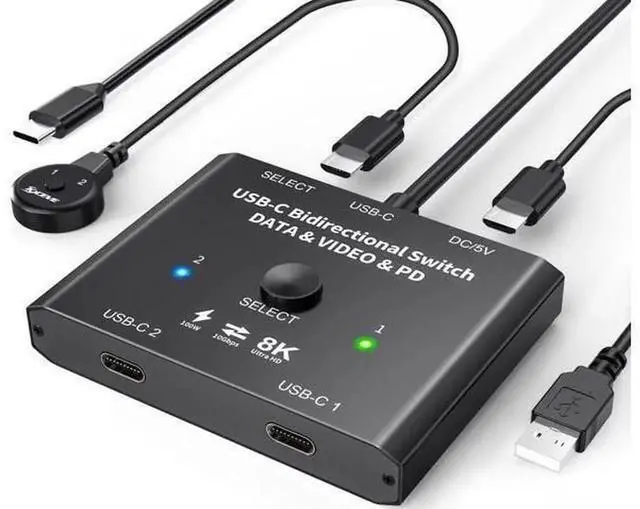 Main image of 2 in 1 Out / 1 in 2 Out USB-C Bi-directional Switch, Type-C Switcher Box for 2 USB-C Computers, Supports 8K@60Hz, 4K@120Hz Video & 10Gbps Data Transfer, Not a Splitter