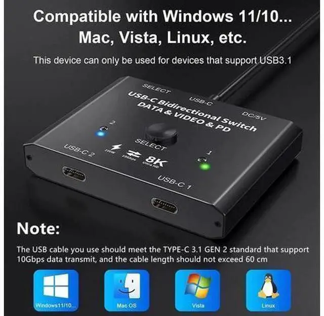 Alt view image 2 of 7 - 2 in 1 Out / 1 in 2 Out USB-C Bi-directional Switch, Type-C Switcher Box for 2 USB-C Computers, Supports 8K@60Hz, 4K@120Hz Video & 10Gbps Data Transfer, Not a Splitter