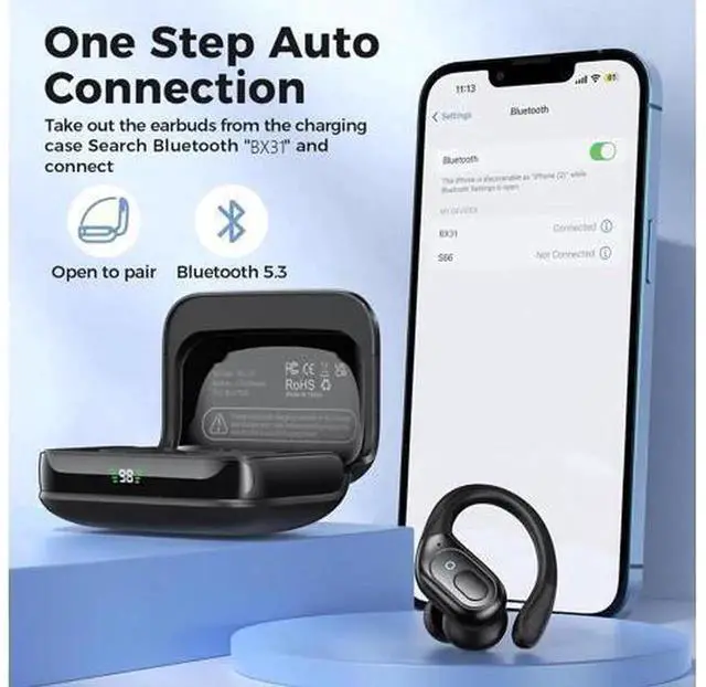 Alt view image 3 of 7 - True Wireless Bluetooth Sports Earbuds, BT5.3 Over Ear Earhooks Headphones, 75H Total Playtime, IPX7 Waterproof, LED Power Display, Built-in Mic & Deep Bass for Workout Sports
