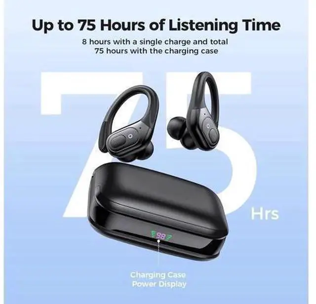 Alt view image 2 of 7 - True Wireless Bluetooth Sports Earbuds, BT5.3 Over Ear Earhooks Headphones, 75H Total Playtime, IPX7 Waterproof, LED Power Display, Built-in Mic & Deep Bass for Workout Sports