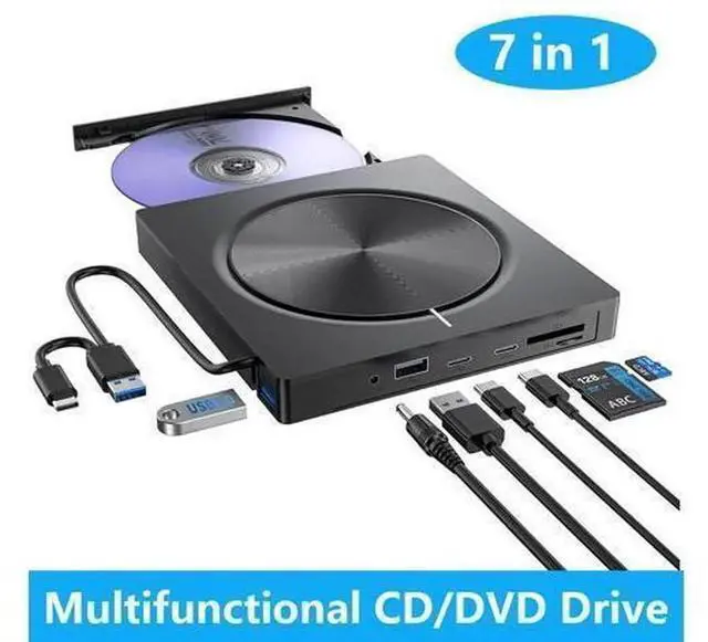 Main image of 7-in-1 External CD DVD Drive, USB 3.0 Portable DVD Reader Writer Burner, Multifunctional External Optical Disk Drive Compatible with Laptops, Desktops, Windows 11/10/8/7, Linux and MacOS