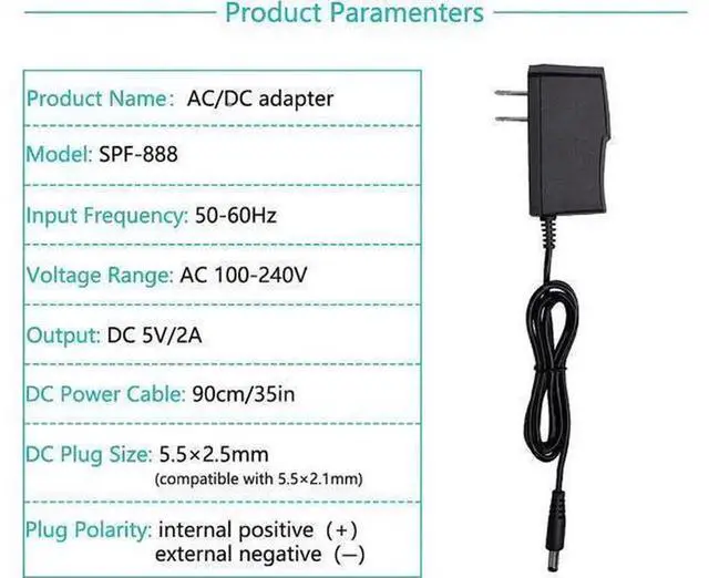 Alt view image 7 of 7 - 5V 2A AC DC Switching Power Adapter US Plug, 5V 2000mA Charger Compatible 5V 1A Equipment, DC Jack 5.5x2.5mm & 5.5x2.1mm Connector, Universal Power Supply Charger for LED Light, Camera, Electronic Gad