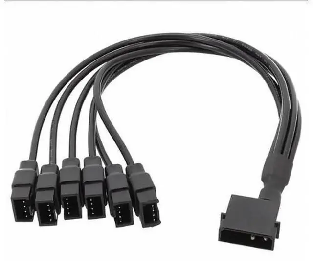 Main image of Black Sleeved 30cm Fan Splitter Cable 12V 4-Pin to 6 Port 3Pin/4Pin Connector, 1 In 5 Computer Fan Power Extension Cord, Molex IDE Powered Splitter for PC Case Cooling Fan, Desktop DIY Modding, Server