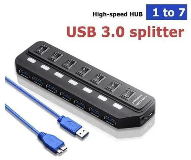 Alt view image 3 of 5 - 4/7 Ports USB 3.0 Hub Splitter with Independent On/Off Power Switches, High Speed USB3.0 Expansion Hub, Individual Control Each Port for Desktop Laptop PC Peripherals