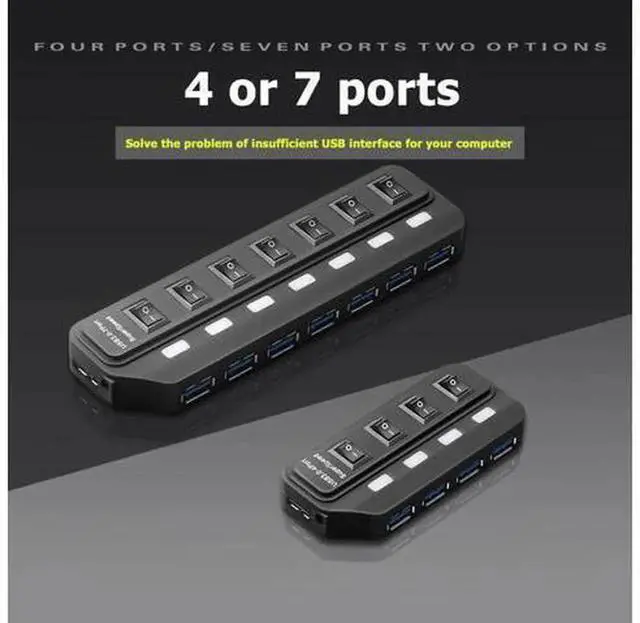 Alt view image 4 of 5 - 4/7 Ports USB 3.0 Hub Splitter with Independent On/Off Power Switches, High Speed USB3.0 Expansion Hub, Individual Control Each Port for Desktop Laptop PC Peripherals