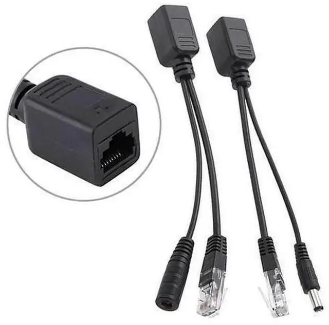 Main image of 2Pcs Passive PoE Injector Splitter Cable Kit, RJ45 LAN DC Male Power Over Ethernet Adapter, Black Passive PoE Cable Set for IP Security Camera, Network Switch Ethernet Power Supply
