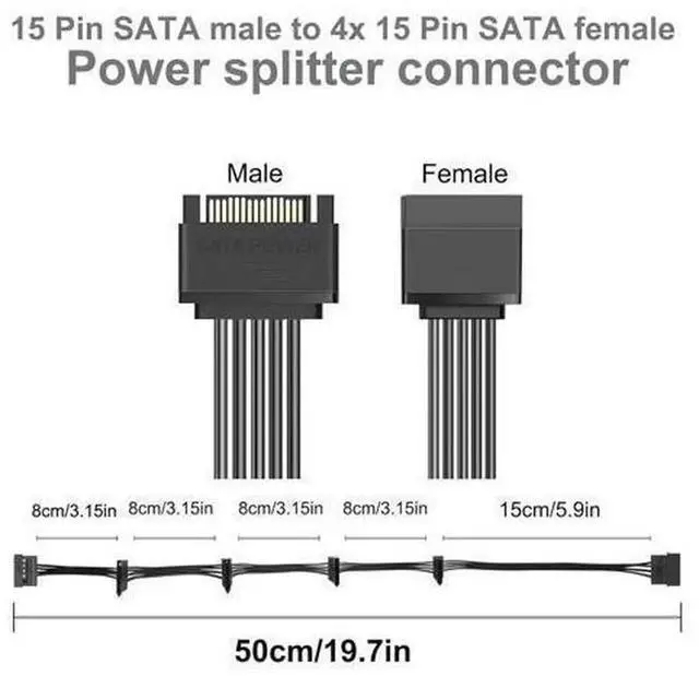 Alt view image 5 of 7 - 2 Pack SATA Power Splitter Cable 1 to 5, 19.7in(500mm) 15 Pin Male to Female SATA Power Cable Splitter, Power Up to 5 HDD SSD Optical Drives, Universal for WD Seagate Samsung Toshiba SATA Storage Devi