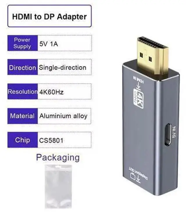 Alt view image 3 of 5 - HDMI to DisplayPort Adapter 4K@60Hz Uni-Directional Video Converter, Aluminum Housing Plug and Play, HDMI Input to DP Output for PC, PS5, Xbox Connect to Monitor and Projector