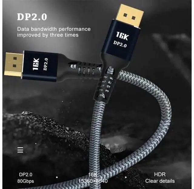 Alt view image 5 of 5 - DP 2.0 DisplayPort Cable, Support 16K@60Hz, 8K, 4K@165Hz, HDR, 80Gbps High Speed Display Port 2.0 Cord, Video Transmission Cable for PC, Laptop, Monitor, HDTV & Graphics Card