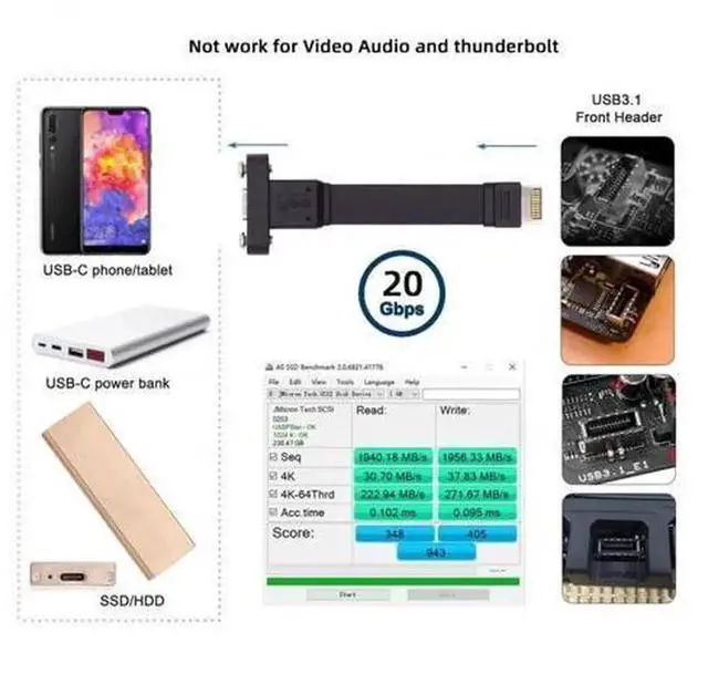 Alt view image 3 of 4 - USB 3.2 Type-E IDC 20Pin Front Panel Header to USB-C Type-C Female Extension Cable, 20Gbps Transfer Speed with Panel Mount Screw for PC Motherboard