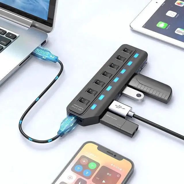 Alt view image 4 of 6 - 7 Port USB 3.0 Hub Splitter with Individual LED On/Off Switches, 5Gbps High Speed USB Extender for Laptop, iMac, USB Flash Drive, Mobile HDD, Printer, Camera