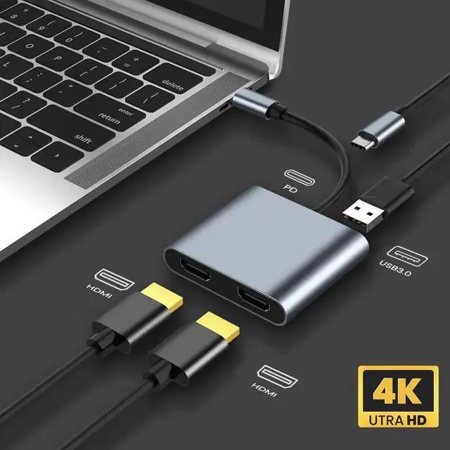 Alt view image 5 of 7 - 4-in-1 USB C Dock Station, Type C to Dual HDMI-Compatible, USB 3.0 & PD Charging Converter, 4K USB C Hub Adapter for MacBook, Laptop, Phone, TV