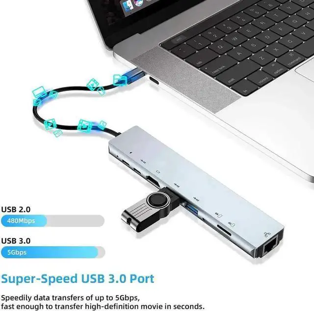 Alt view image 4 of 7 - 8 in 1 USB C Multiport Hub, Type C Adapter with 87W PD Charging, 4K@30Hz HDMI, RJ45 Ethernet, SD/TF Card Reader, USB 3.0 Port, Compatible with MacBook, Windows Laptops