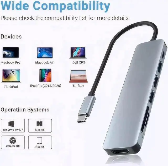 Alt view image 3 of 7 - 7-in-1 USB C Multiport Hub, USB-C Adapter with 4K HDMI, 3×USB 3.0, 100W PD Charging, SD & TF Card Reader, Compatible with MacBook, Surface Pro, iPad Pro/Air, Type-C Laptops