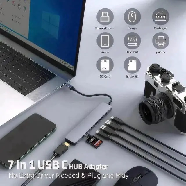 Alt view image 4 of 7 - 7-in-1 USB C Multiport Hub, USB-C Adapter with 4K HDMI, 3×USB 3.0, 100W PD Charging, SD & TF Card Reader, Compatible with MacBook, Surface Pro, iPad Pro/Air, Type-C Laptops