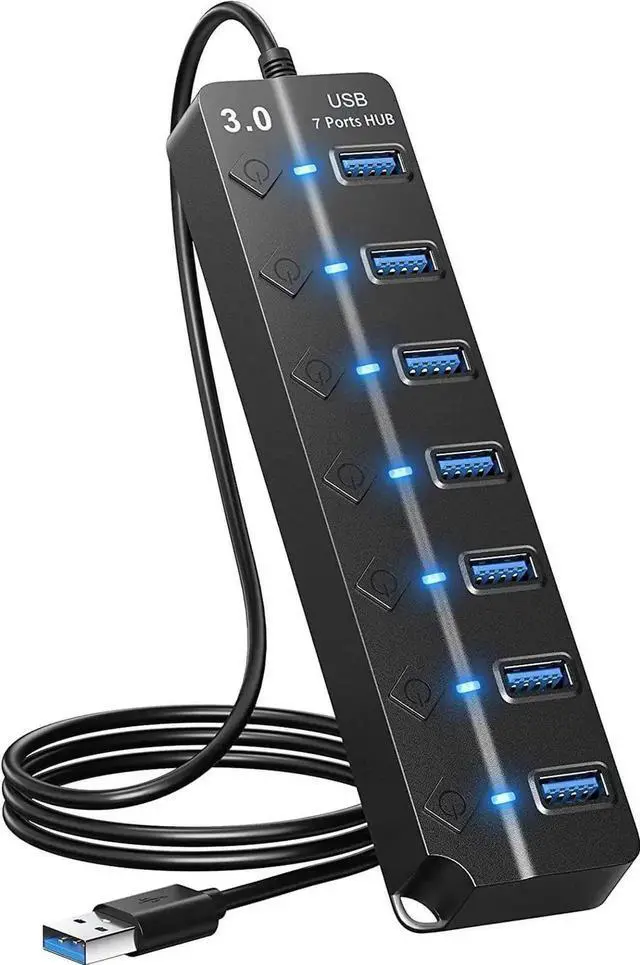 Main image of 7-Port USB 3.0 Hub Splitter with Individual On/Off Switches & LED Indicator Lights, 1m / 3.2ft Long Cable, Multiport USB Expander Compatible with MacBook, Laptop, Surface Pro, PS4, PC, Flash Drive, Mo