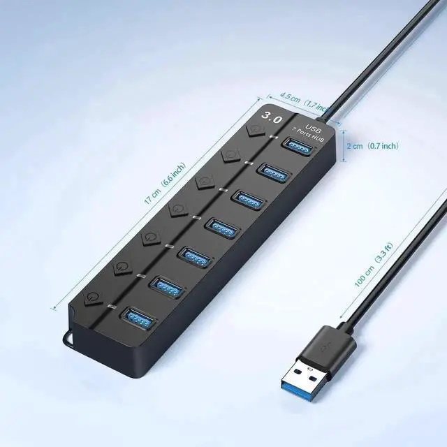 Alt view image 2 of 7 - 7-Port USB 3.0 Hub Splitter with Individual On/Off Switches & LED Indicator Lights, 1m / 3.2ft Long Cable, Multiport USB Expander Compatible with MacBook, Laptop, Surface Pro, PS4, PC, Flash Drive, Mo