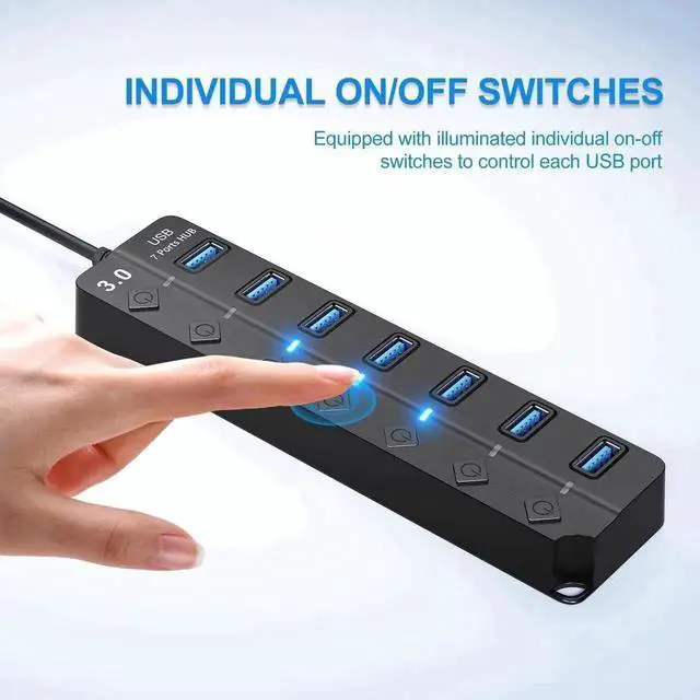 Alt view image 5 of 7 - 7-Port USB 3.0 Hub Splitter with Individual On/Off Switches & LED Indicator Lights, 1m / 3.2ft Long Cable, Multiport USB Expander Compatible with MacBook, Laptop, Surface Pro, PS4, PC, Flash Drive, Mo