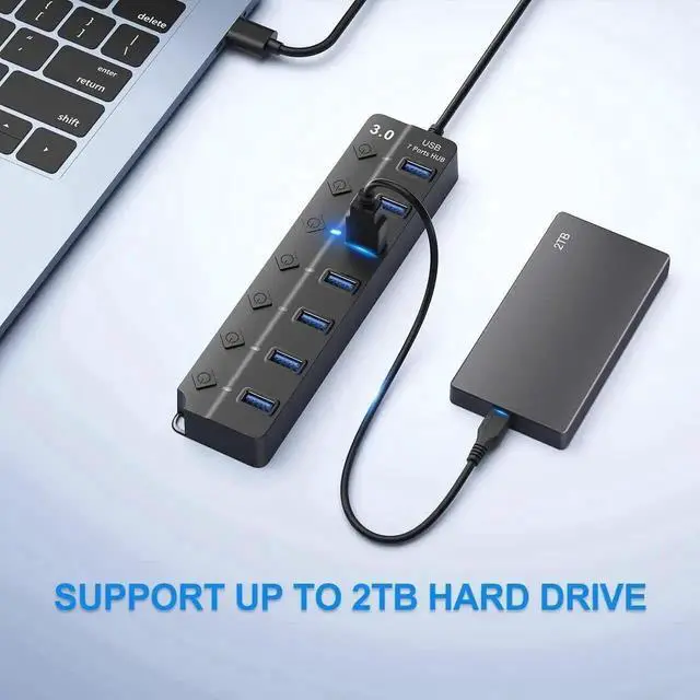 Alt view image 7 of 7 - 7-Port USB 3.0 Hub Splitter with Individual On/Off Switches & LED Indicator Lights, 1m / 3.2ft Long Cable, Multiport USB Expander Compatible with MacBook, Laptop, Surface Pro, PS4, PC, Flash Drive, Mo