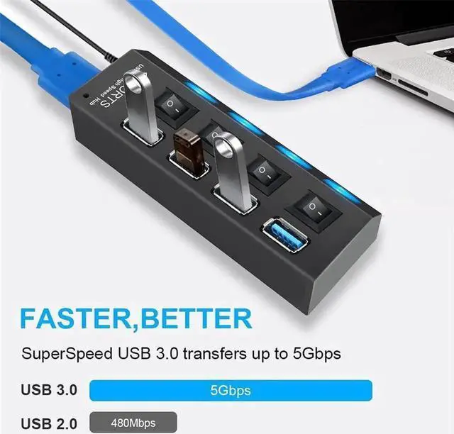Alt view image 6 of 7 - 4 Port USB 3.0 Hub with Independent Power Switch, Multiport USB Splitter Expander Support External Power Adapter for PC Desktop Laptop