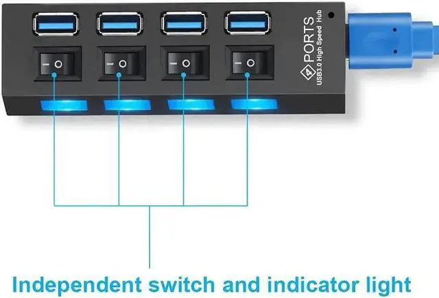 Alt view image 2 of 7 - 4 Port USB 3.0 Hub with Independent Power Switch, Multiport USB Splitter Expander Support External Power Adapter for PC Desktop Laptop