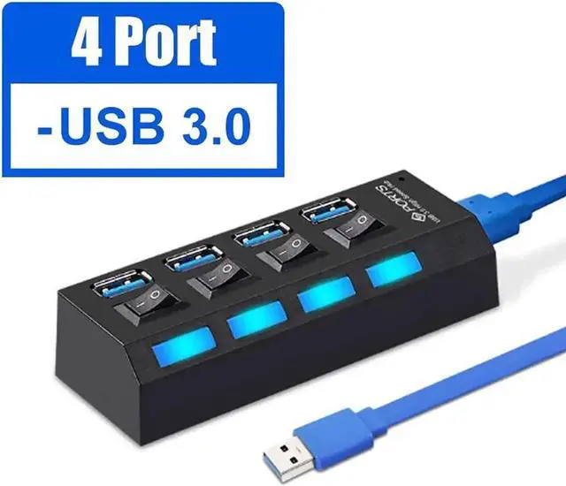 Alt view image 3 of 7 - 4 Port USB 3.0 Hub with Independent Power Switch, Multiport USB Splitter Expander Support External Power Adapter for PC Desktop Laptop
