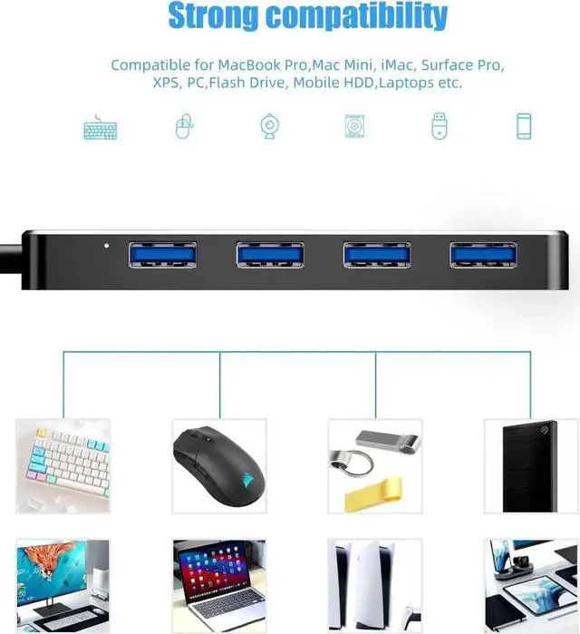 Alt view image 6 of 7 - 4-Port USB 3.0 Hub, Multi USB Port Expander USB Splitter for Laptop, Xbox, Flash Drive, Mobile Hard Drive, Game Console, Printer, Camera, Keyboard, Mouse