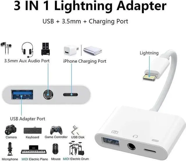 Alt view image 4 of 7 - 3 in 1 USB OTG + 3.5mm AUX Audio Charging Splitter Adapter for iPhone iPad, USB Camera Adapter with Headphone Jack & Charging Port, Compatible with USB Flash Drive, Keyboard, Mouse