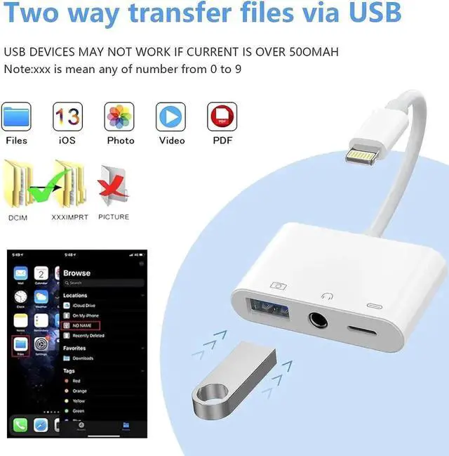 Alt view image 2 of 7 - 3 in 1 USB OTG + 3.5mm AUX Audio Charging Splitter Adapter for iPhone iPad, USB Camera Adapter with Headphone Jack & Charging Port, Compatible with USB Flash Drive, Keyboard, Mouse