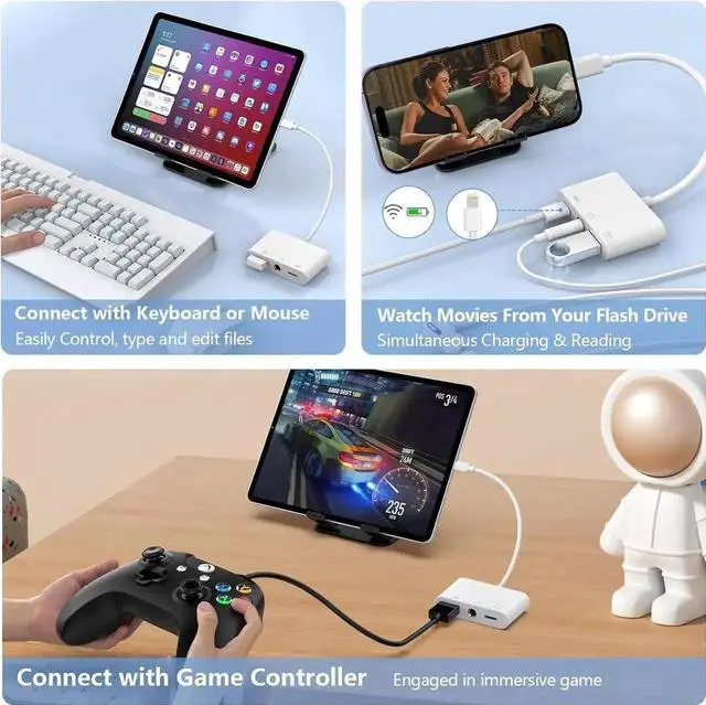 Alt view image 3 of 7 - 3 in 1 USB OTG + 3.5mm AUX Audio Charging Splitter Adapter for iPhone iPad, USB Camera Adapter with Headphone Jack & Charging Port, Compatible with USB Flash Drive, Keyboard, Mouse