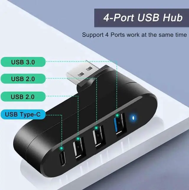 Alt view image 3 of 7 - 4-Port Rotatable USB 3.0 Hub, 90°/180° Swivel USB Splitter with 3 USB-A Ports & 1 USB-C Power & Data Port, Portable USB Extender for Laptop, Car, iMac, MacBook Air, MacBook Pro and More