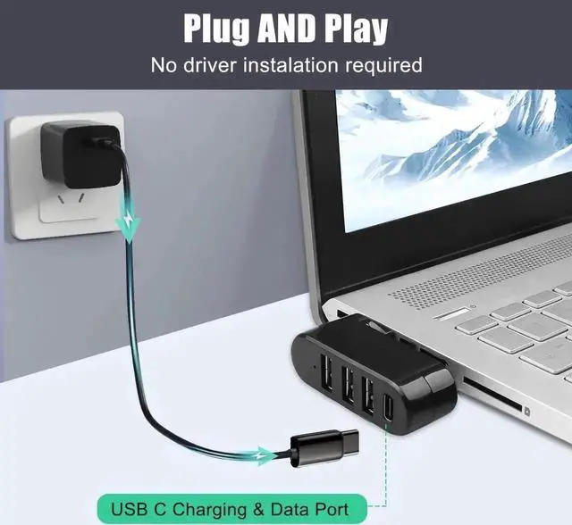 Alt view image 5 of 7 - 4-Port Rotatable USB 3.0 Hub, 90°/180° Swivel USB Splitter with 3 USB-A Ports & 1 USB-C Power & Data Port, Portable USB Extender for Laptop, Car, iMac, MacBook Air, MacBook Pro and More