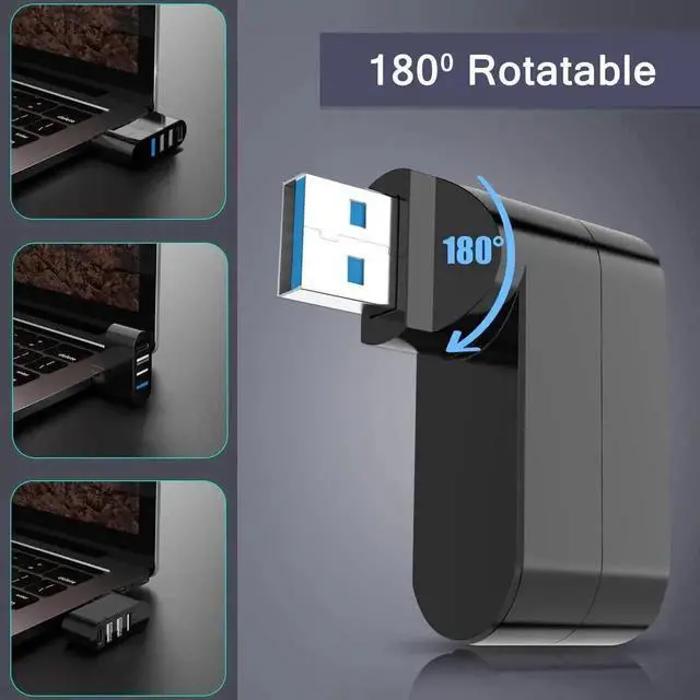 Alt view image 7 of 7 - 4-Port Rotatable USB 3.0 Hub, 90°/180° Swivel USB Splitter with 3 USB-A Ports & 1 USB-C Power & Data Port, Portable USB Extender for Laptop, Car, iMac, MacBook Air, MacBook Pro and More