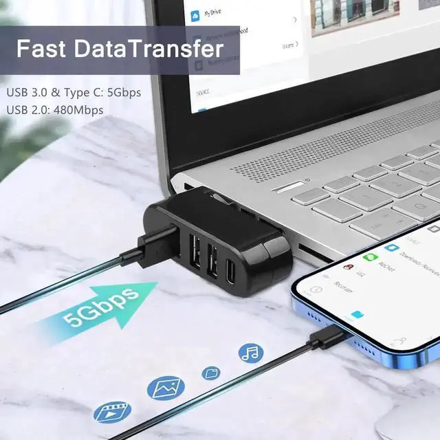 Alt view image 2 of 7 - 4-Port Rotatable USB 3.0 Hub, 90°/180° Swivel USB Splitter with 3 USB-A Ports & 1 USB-C Power & Data Port, Portable USB Extender for Laptop, Car, iMac, MacBook Air, MacBook Pro and More