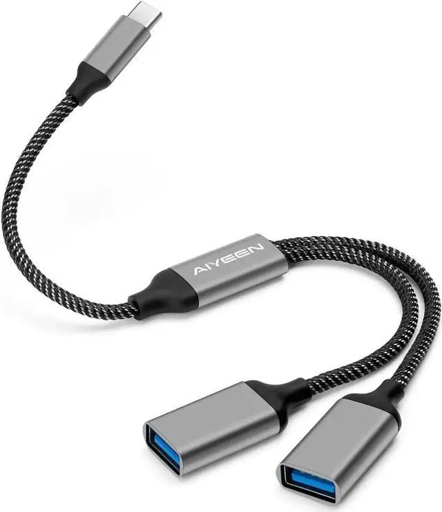 Main image of USB C Male to Dual USB-A Female Splitter Cable Adapter, 2-Port USB Type C Hub for Data Transfer & Charging, USB Extender Power Cord for Car, Laptop, Mac, PC, Grey