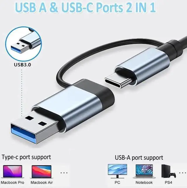 Alt view image 3 of 7 - Aluminum 7 in 1 USB C Hub Multiport Adapter, USB Splitter with 5 USB-A Ports & 2 USB-C Ports, Portable USB Expander for MacBook, iPad, Laptop, PS4, Xbox, Flash Drive, HDD, Printer, Mouse, Keyboard, HP