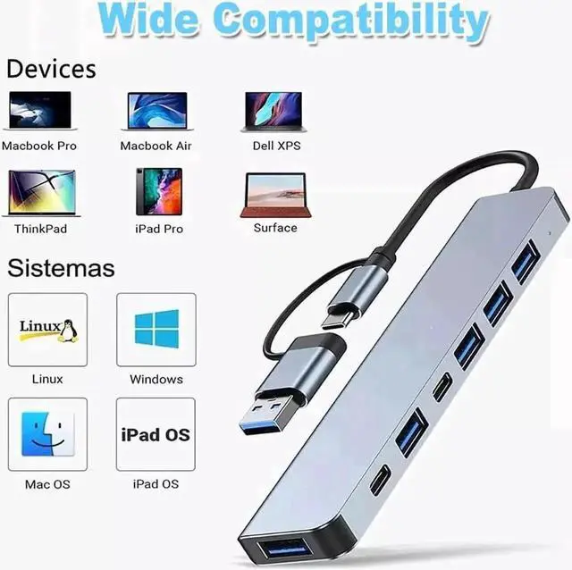 Alt view image 5 of 7 - Aluminum 7 in 1 USB C Hub Multiport Adapter, USB Splitter with 5 USB-A Ports & 2 USB-C Ports, Portable USB Expander for MacBook, iPad, Laptop, PS4, Xbox, Flash Drive, HDD, Printer, Mouse, Keyboard, HP